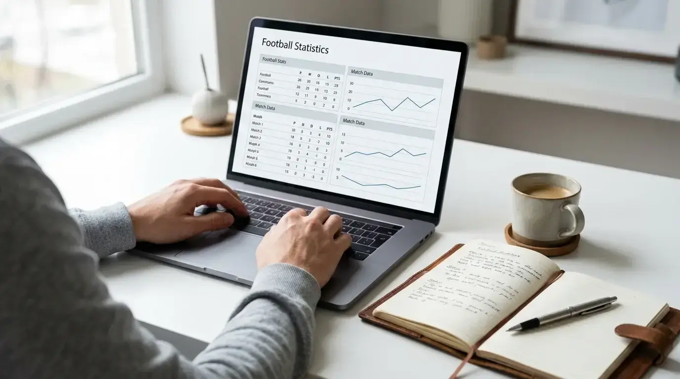 Persona analizando estadísticas de fútbol en una laptop con libreta de notas