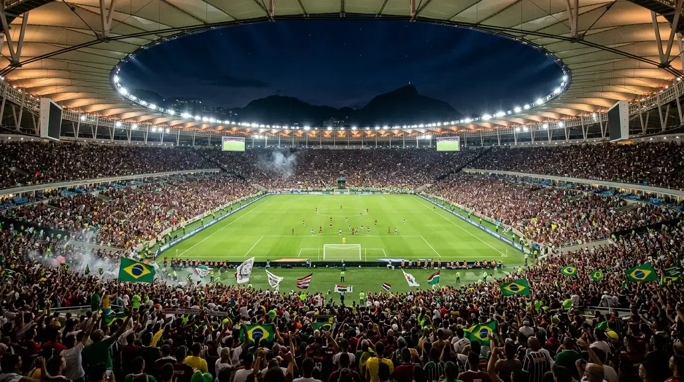 Estadio Maracaná iluminado durante un partido nocturno del Brasileirão con aficionados en las gradas