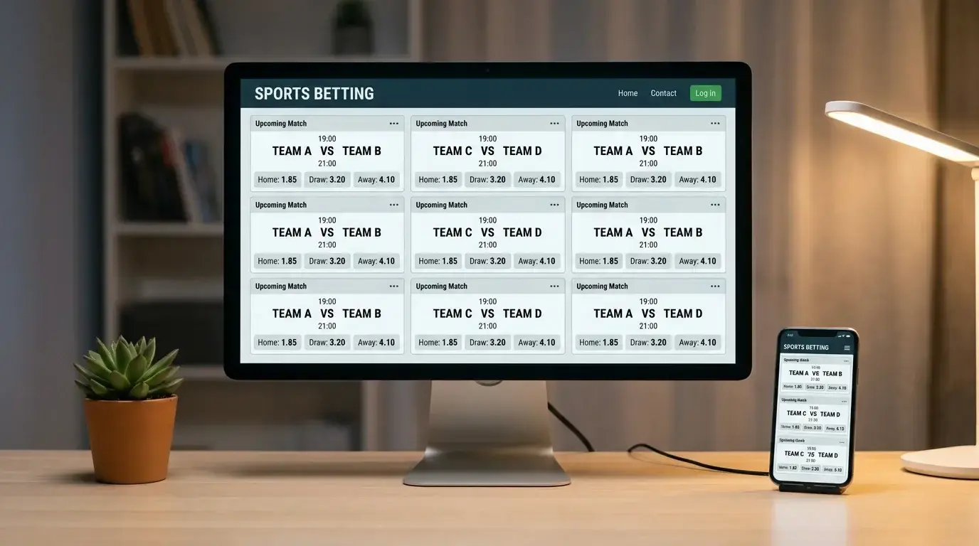 Pantalla de computadora mostrando interfaz de casa de apuestas con mercados de fútbol