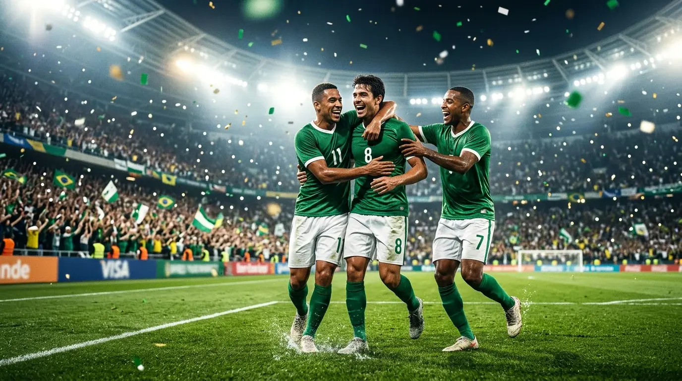 Jugadores de fútbol brasileño celebrando un gol en un estadio lleno