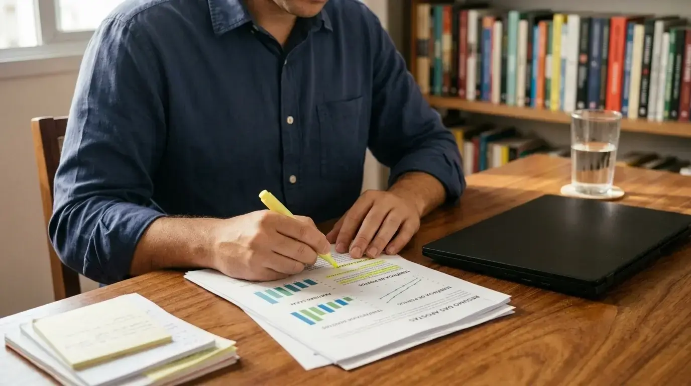 Persona revisando documentos de análisis con gráficos de tendencias en una mesa de trabajo