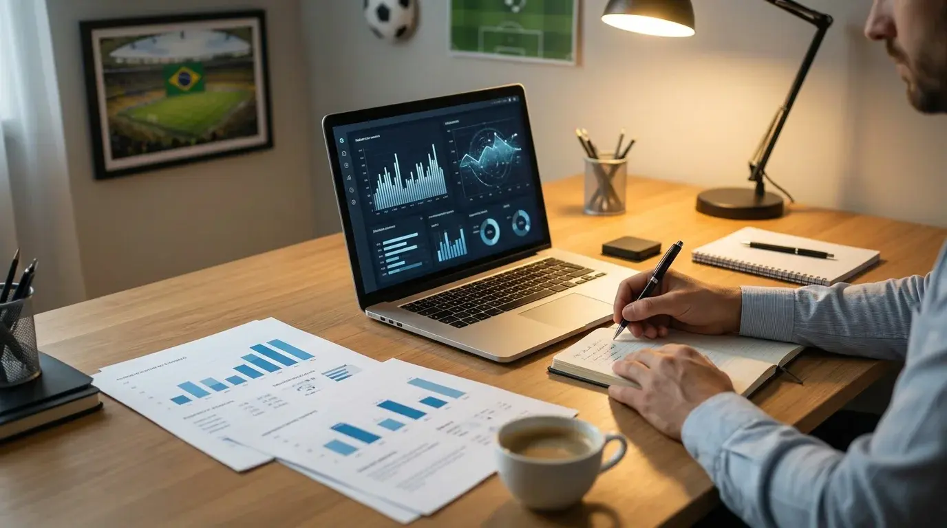 Analista revisando estadísticas y datos del Brasileirão en su escritorio