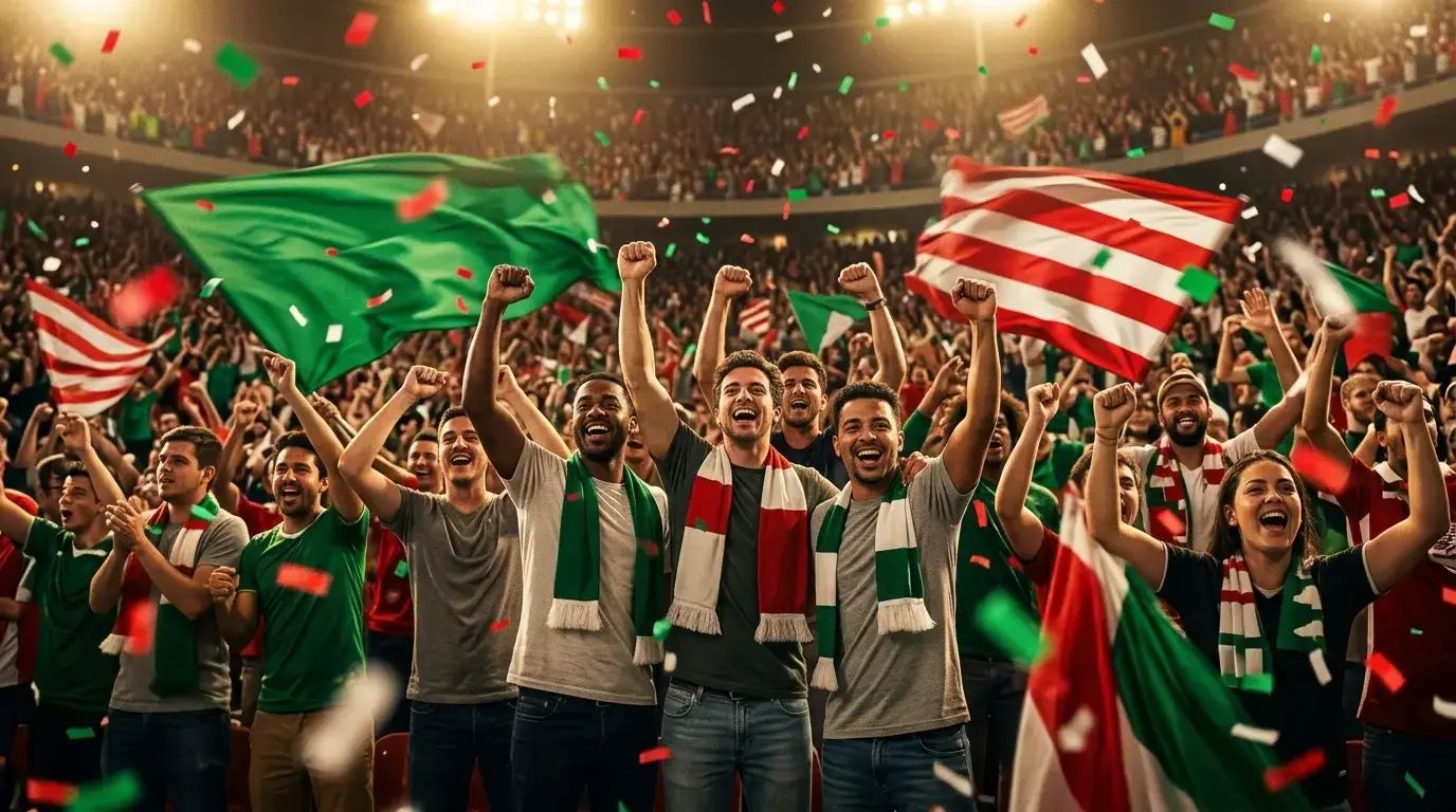 Aficionados celebrando en las gradas de un estadio de fútbol brasileño con banderas