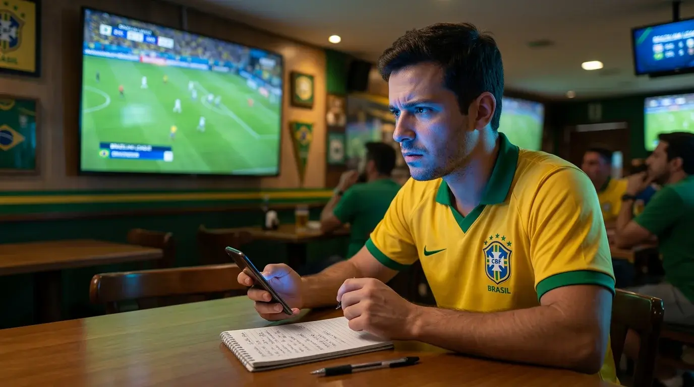 Aficionado estudiando diferentes tipos de apuestas durante un partido del Brasileirão